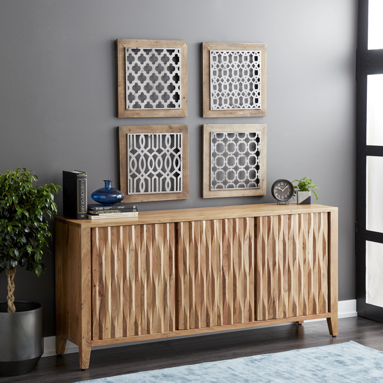 Union Rustic Brydon Wood 1 Shelf and 3 Doors Geometric Brown Cabinet Wayfair